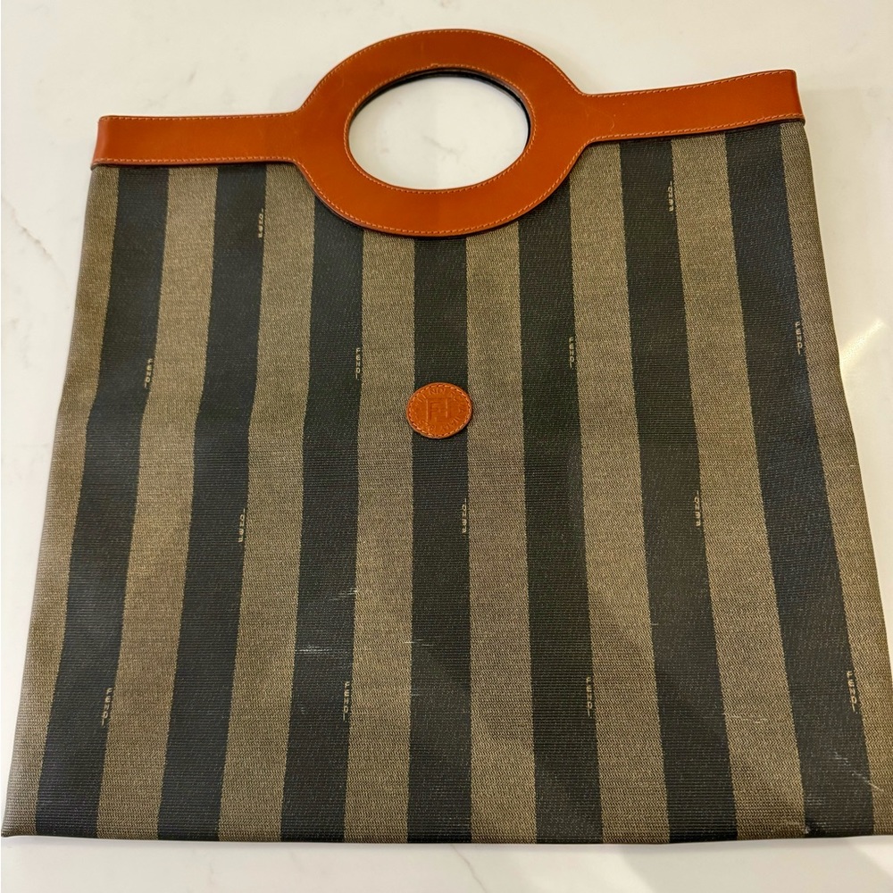 Fendi Pequin Tote  Brown and Tan classic stripe with leather trim and handles.